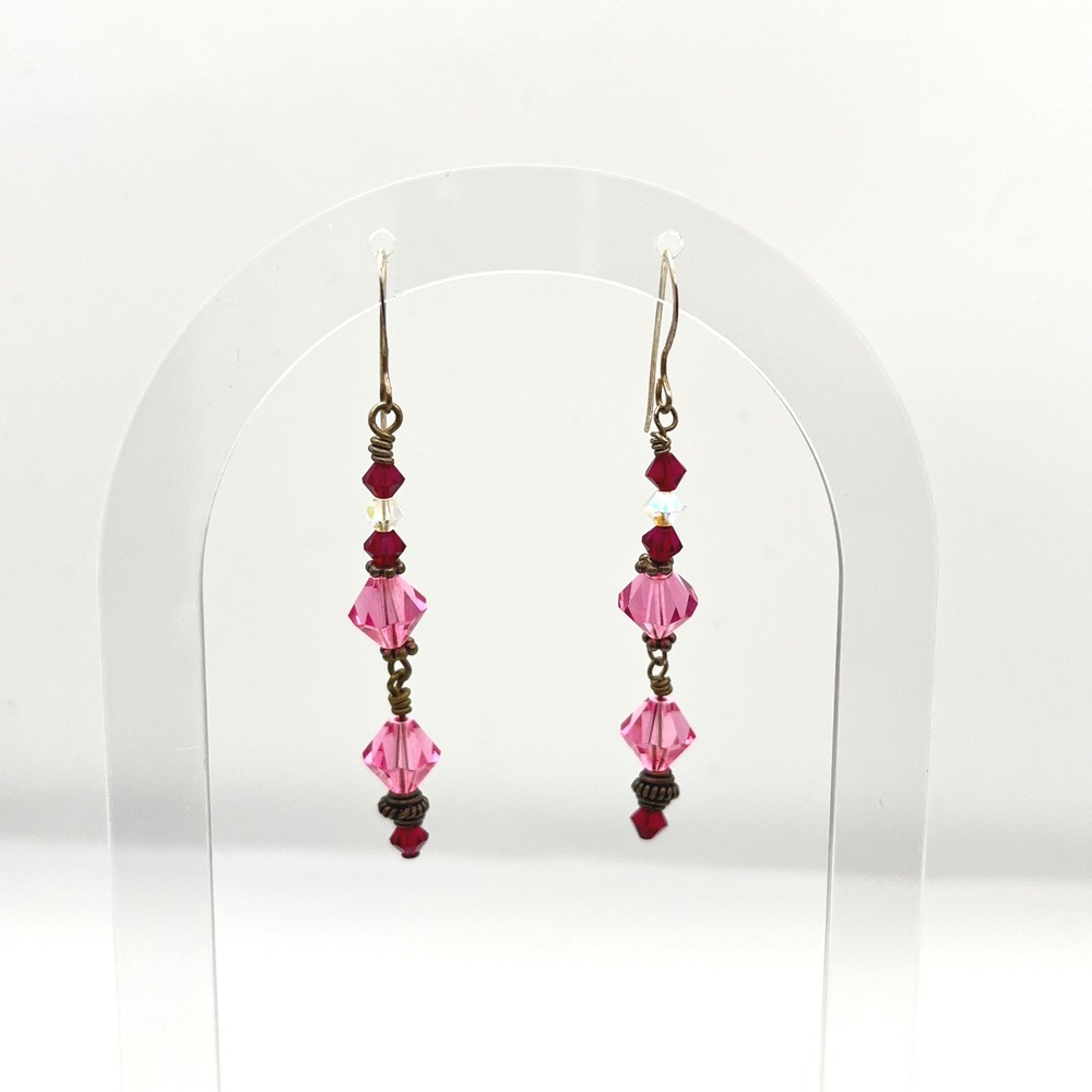 Pink Red Crystal Dangle Earrings 925‎ Sterling Silver Hooks Tiered Bicone Drop